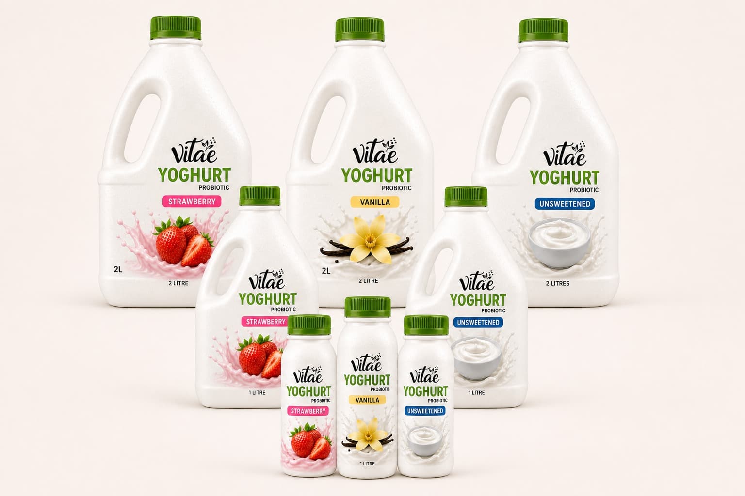 Vitae strawberry, vanilla and unsweetened yoghurt in 300ml bottles, 1 litre gallons and 2 litre gallons